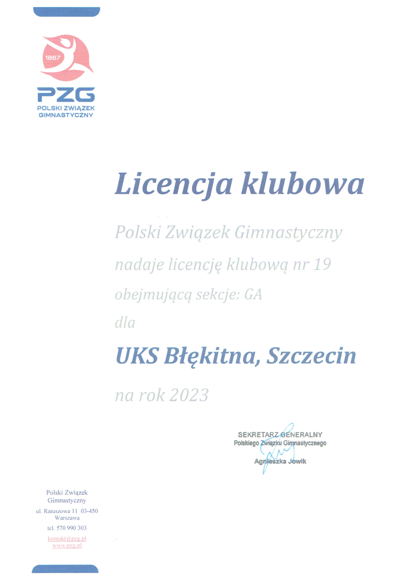 Licencja klubowa UKS Błękitna